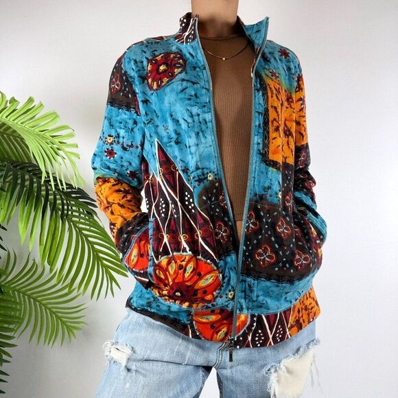 Vintage 90s Chico's Blue Patchwork Bohemian Hippie Lightweight Artsy Jacket / 1 - Picture 3 of 7